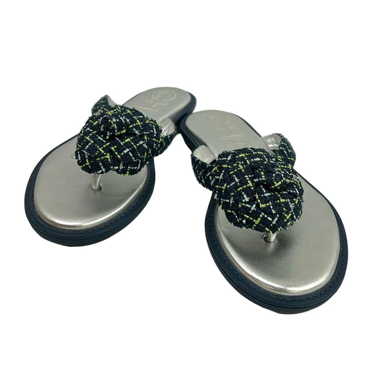 Chanel Sandals Navy Light Green Blue Camellia — view 2