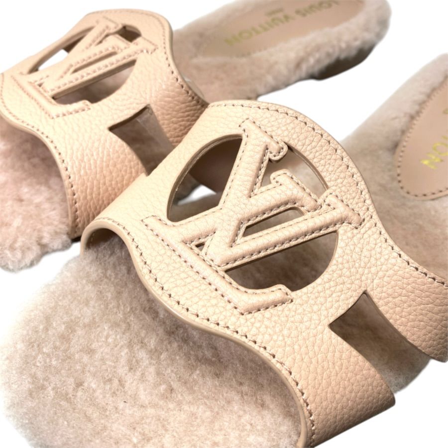 Louis Vuitton Flat Sandals LV Isola Line Mules Leather Shearling Fleece Pink — view 7