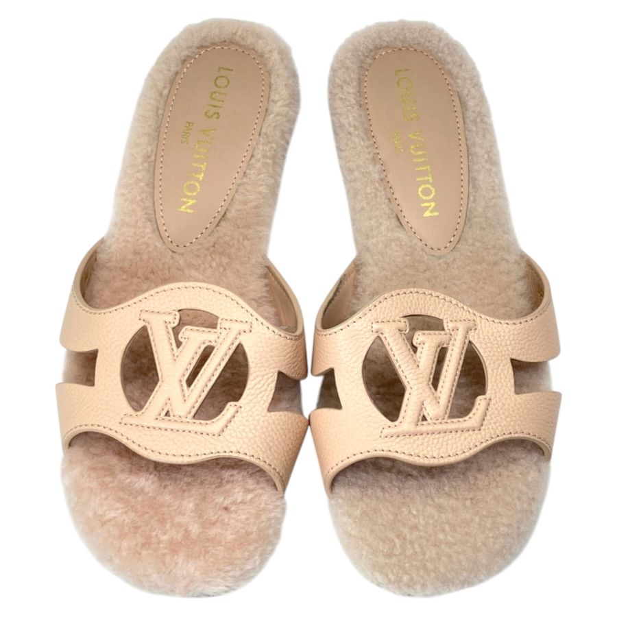 Louis Vuitton Flat Sandals LV Isola Line Mules Leather Shearling Fleece Pink — view 2