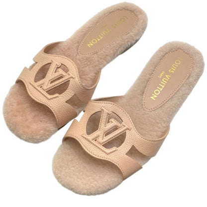 Louis Vuitton Flat Sandals LV Isola Line Mules Leather Shearling Fleece Pink