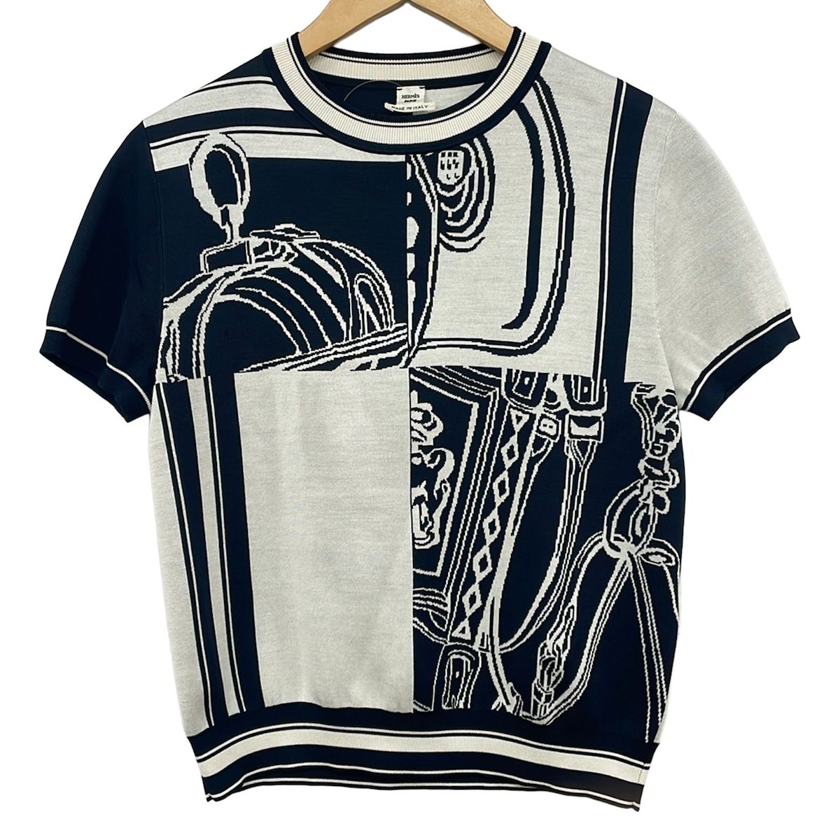 Hermes Short Sleeve Sweater M Ivory Dark Navy Crew 40