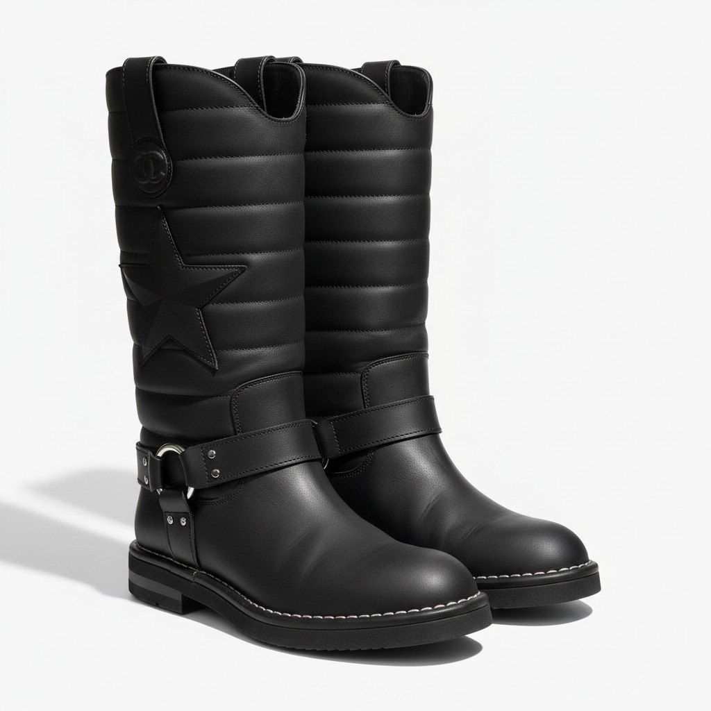 Chanel G7 Engineer Boots Star Motif Quilted Leather Black