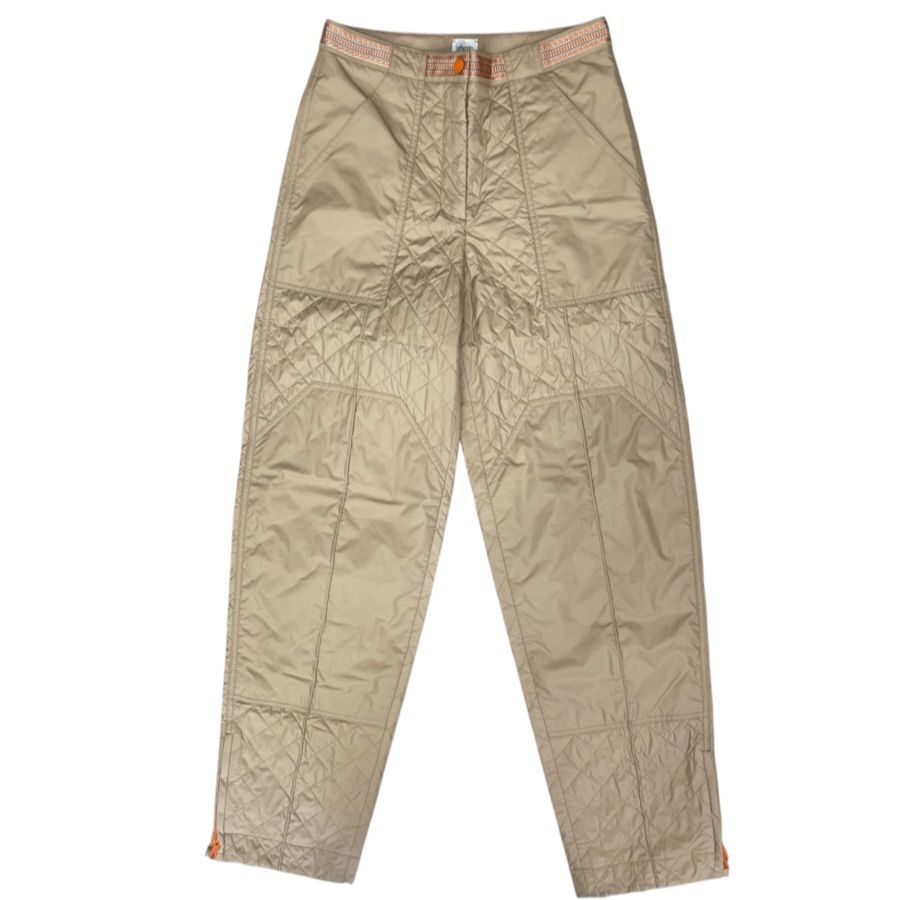 Hermes Long Pants Quilted Hem Zip Polyester Beige Casual