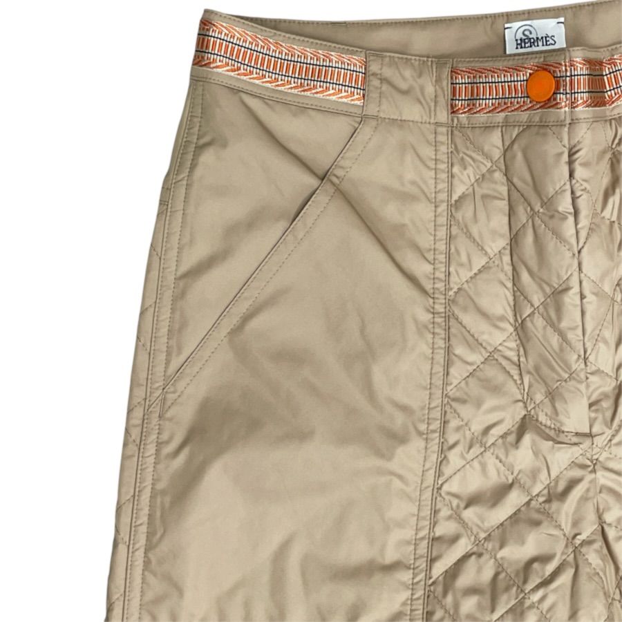 Hermes Long Pants Quilted Hem Zip Polyester Beige Casual — view 2