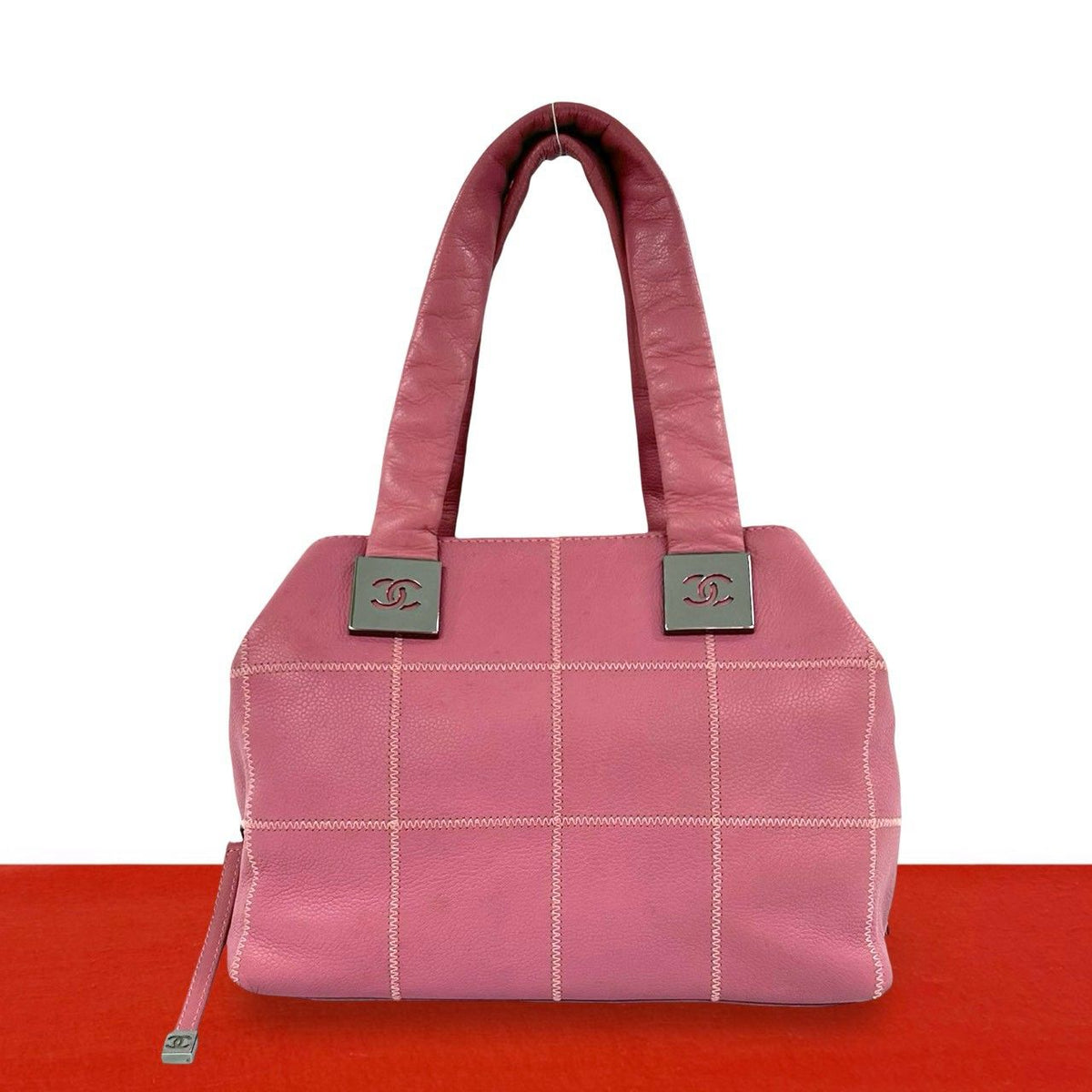 Chanel Choco Bar CC Logo Caviar Leather Mini Boston Bag Pink