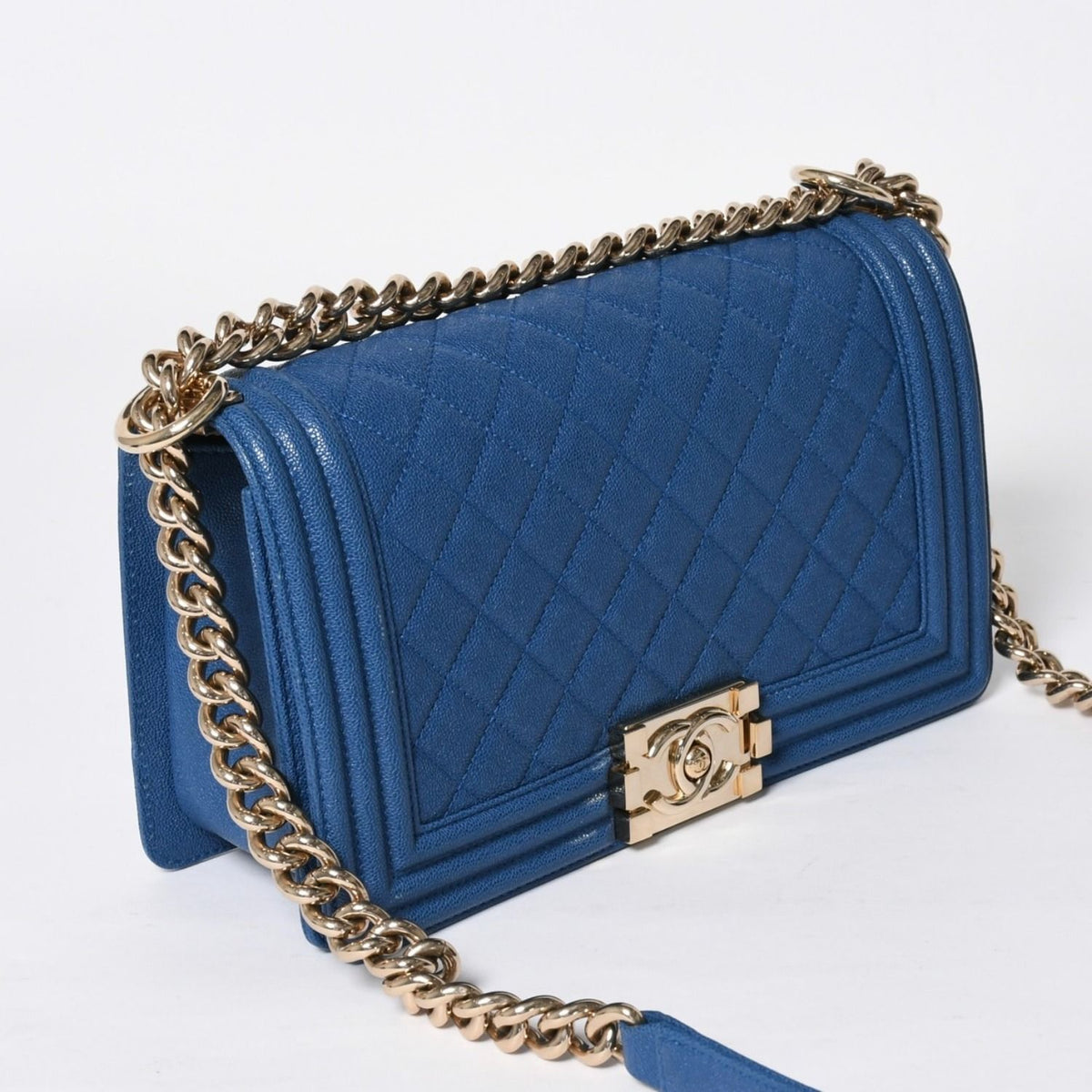 Chanel Boy 25 Chain Shoulder Bag CC Logo Caviar Leather Blue — view 3