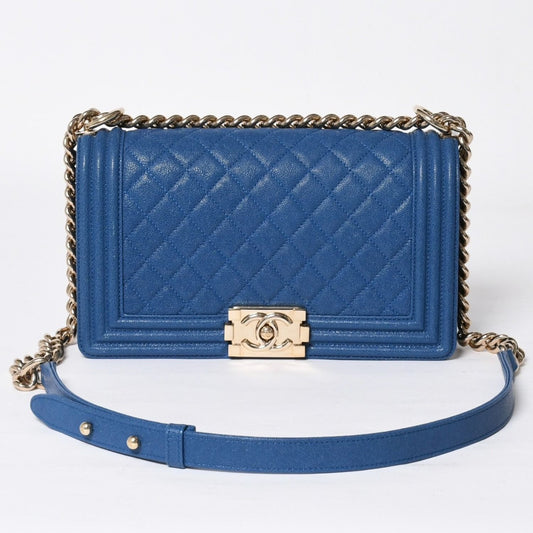 Chanel Boy 25 Chain Shoulder Bag CC Logo Caviar Leather Blue