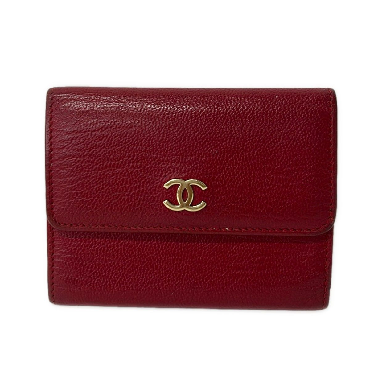 Chanel Trifold Wallet Red CC Logo Gold Leather