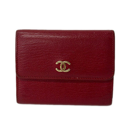 Chanel Trifold Wallet Red CC Logo Gold Leather