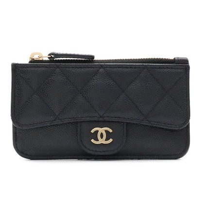 Chanel Quilted CC Logo Card Case Fragment Coin Purse Caviar Leather Black Gold