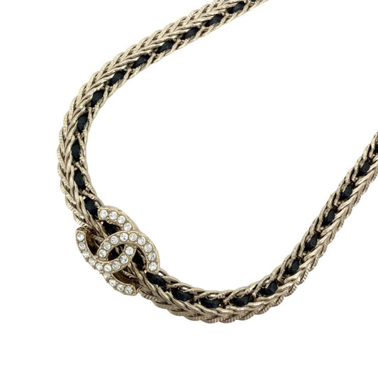 Chanel Necklace Adjustable Choker CC Logo Leather Chain Rhinestone Gold Black
