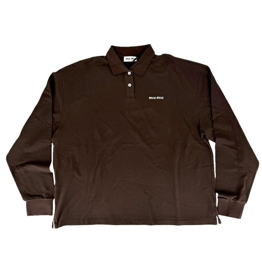Miu Miu Polo Shirt Cotton Pique Logo Long Sleeve Box Fit Top Brown L