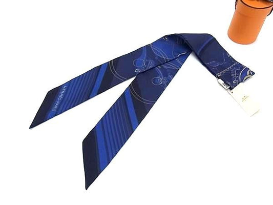 Hermes Ex-Libris Ex-Twilly Silk Ribbon Scarf Navy Multicolor
