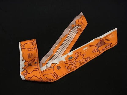 Hermes les Chiens Parisiens Parisian Twilly Silk 100% Ribbon Scarf Orange — view 2