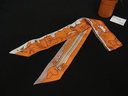 Hermes les Chiens Parisiens Parisian Twilly Silk 100% Ribbon Scarf Orange