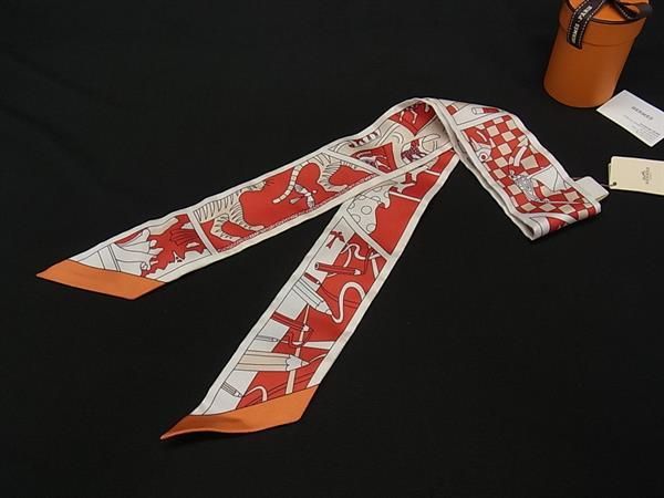Hermes Factory Suit Twilly Silk Ribbon Scarf White
