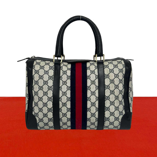 Gucci Vintage Sherry Line GG Pattern Leather Mini Boston Bag Navy