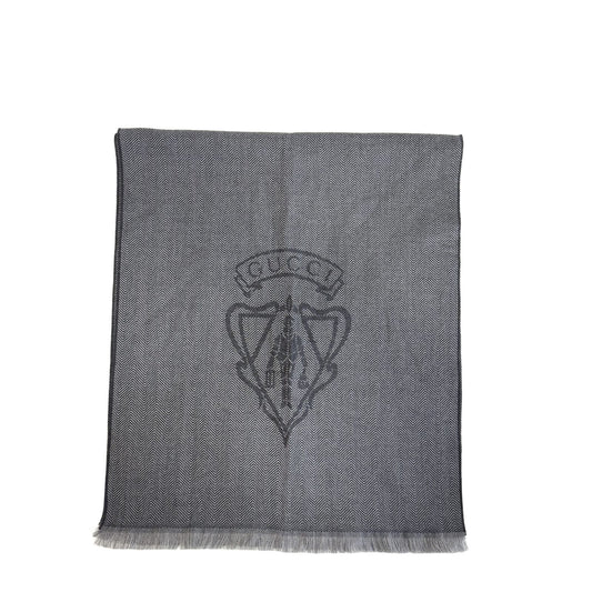 Gucci Fringe Herringbone Wool Scarf Shawl Gray Simple