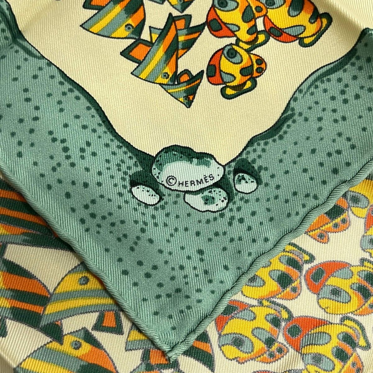 Hermes Scarf Petit Carre Light Yellow Green Multi Fish — view 2