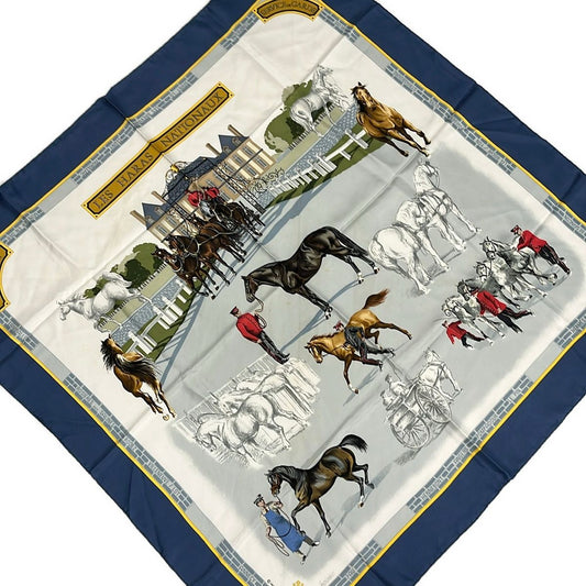 Hermes Scarf Carre 90 White Blue Multi les Haras Nationaux