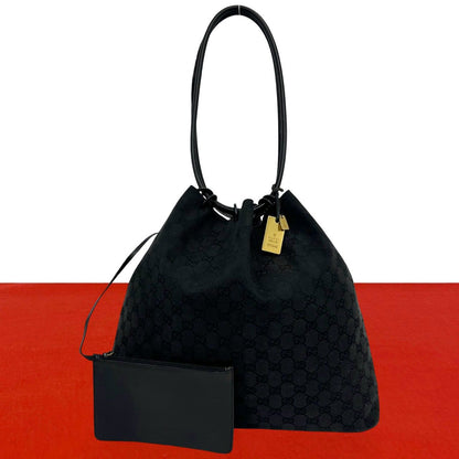 Gucci GG Canvas Pattern Leather Drawstring Shoulder Bag Tote Black