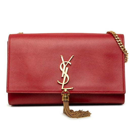 Saint Laurent YSL Logo Kate Tassel Chain Shoulder Bag Red Gold Leather