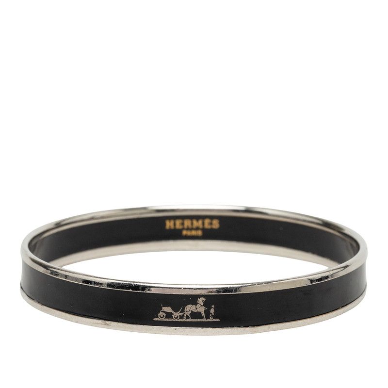 Hermes Enamel PM Caleche Bangle Black Silver Metal Bracelet