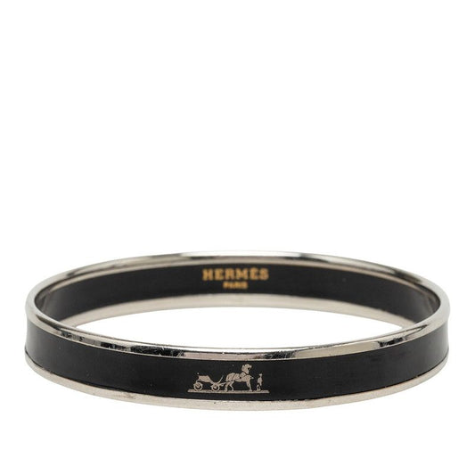 Hermes Enamel PM Caleche Bangle Black Silver Metal Bracelet