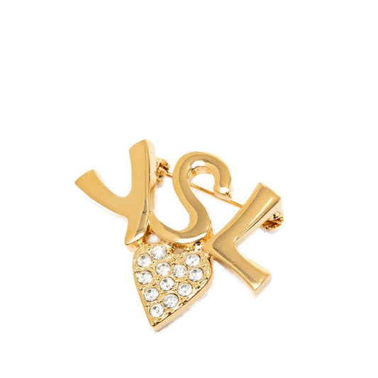 Saint Laurent YSL Logo Heart Motif Brooch Gold Plated Rhinestone
