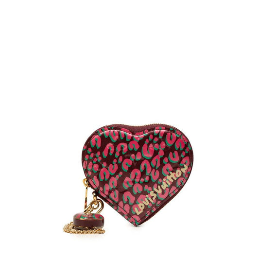 Louis Vuitton Monogram Vernis Porte Monnaie Coeur Leopard Coin Purse Wine Red