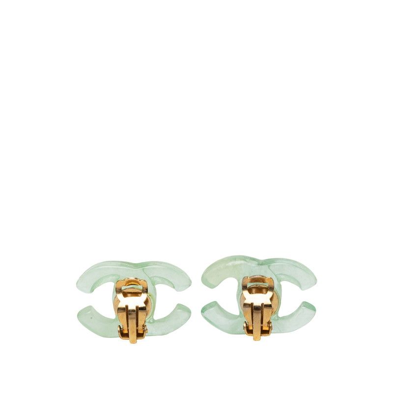 Chanel CC Logo Earrings Clear Green Gold Plastic Plated — view 2