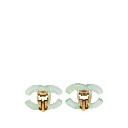 Chanel CC Logo Earrings Clear Green Gold Plastic Plated — view 2