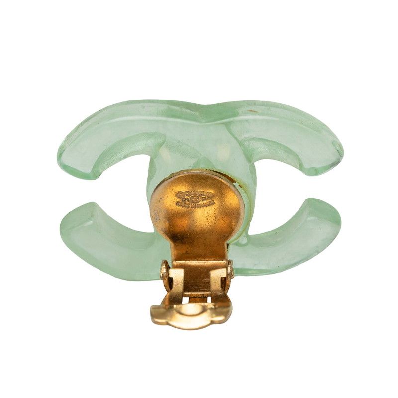 Chanel CC Logo Earrings Clear Green Gold Plastic Plated — view 3