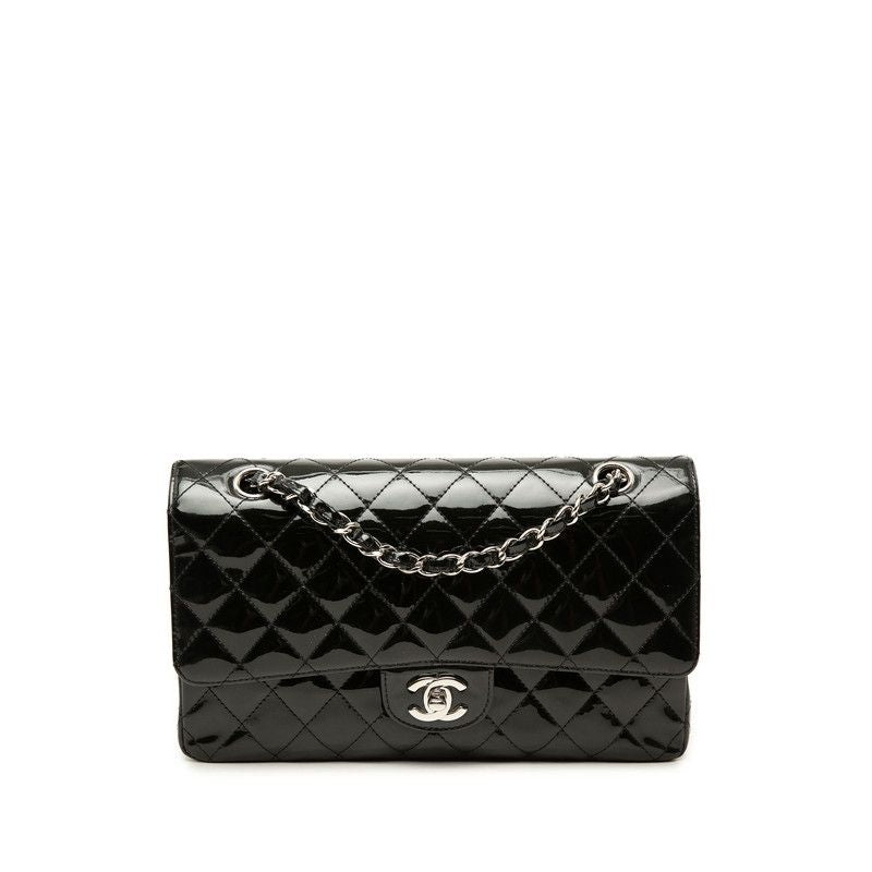 Chanel Quilted CC Logo Double Flap Chain Shoulder Bag Black Silver Patent