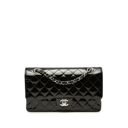Chanel Quilted CC Logo Double Flap Chain Shoulder Bag Black Silver Patent