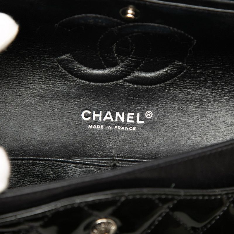 Chanel Quilted CC Logo Double Flap Chain Shoulder Bag Black Silver Patent — view 5
