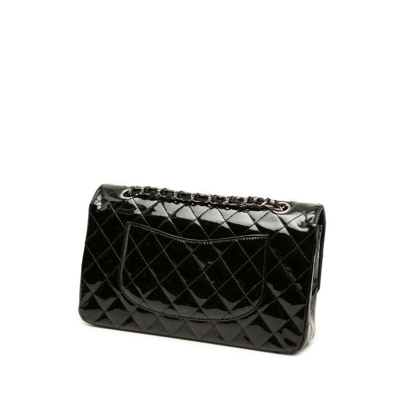 Chanel Quilted CC Logo Double Flap Chain Shoulder Bag Black Silver Patent — view 2
