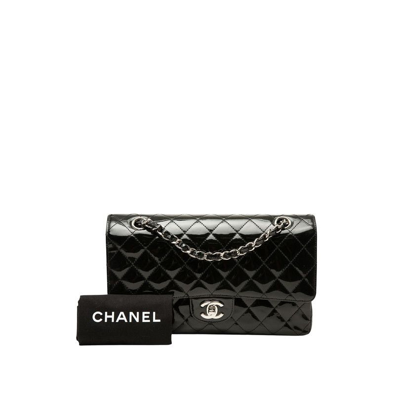 Chanel Quilted CC Logo Double Flap Chain Shoulder Bag Black Silver Patent — view 7