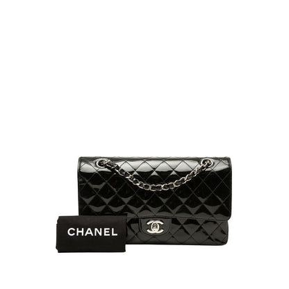 Chanel Quilted CC Logo Double Flap Chain Shoulder Bag Black Silver Patent — view 7