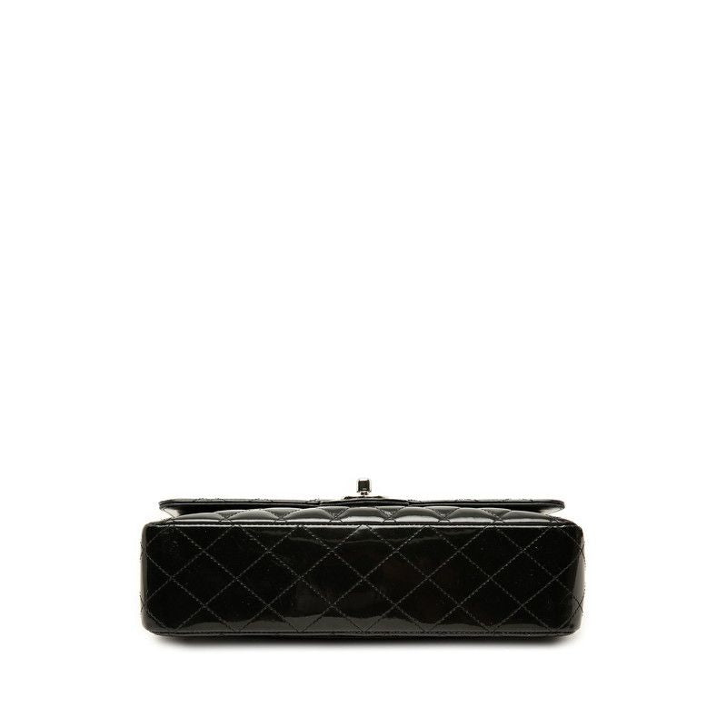 Chanel Quilted CC Logo Double Flap Chain Shoulder Bag Black Silver Patent — view 3