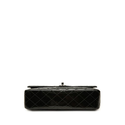 Chanel Quilted CC Logo Double Flap Chain Shoulder Bag Black Silver Patent — view 3