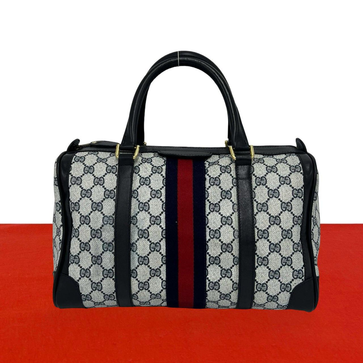 Gucci Vintage Sherry Line GG Pattern Leather Mini Boston Bag Navy