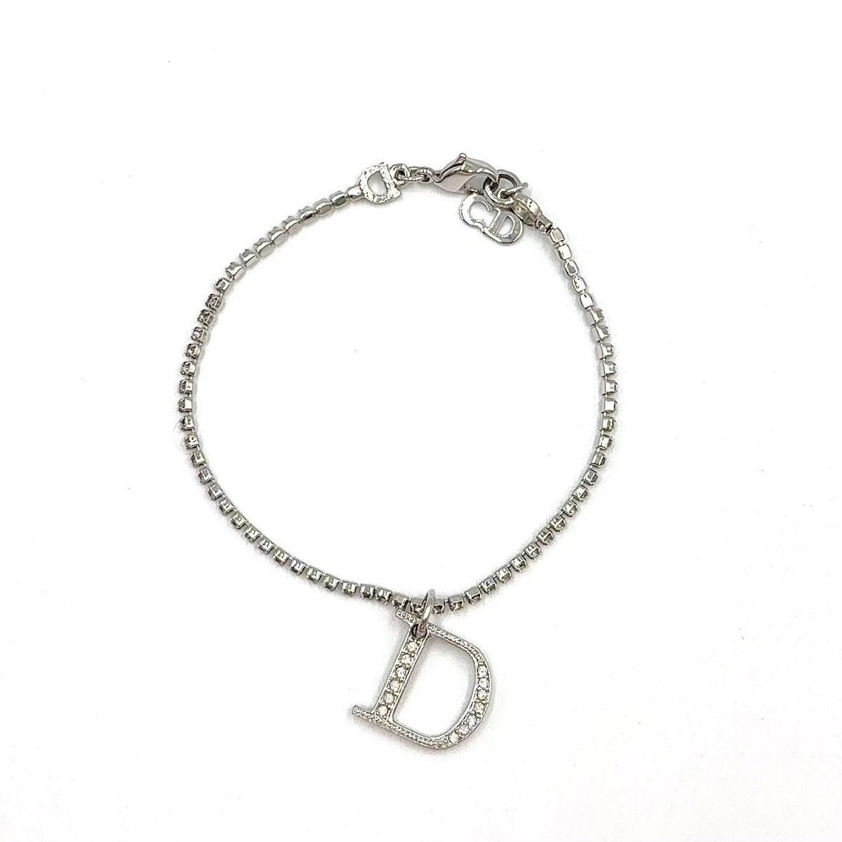 Dior D Logo Rhinestone Metal Clear Silver Bracelet — view 3