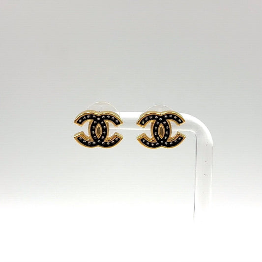 Chanel CC Logo Rhinestone Enamel Clear Gold Black Earrings