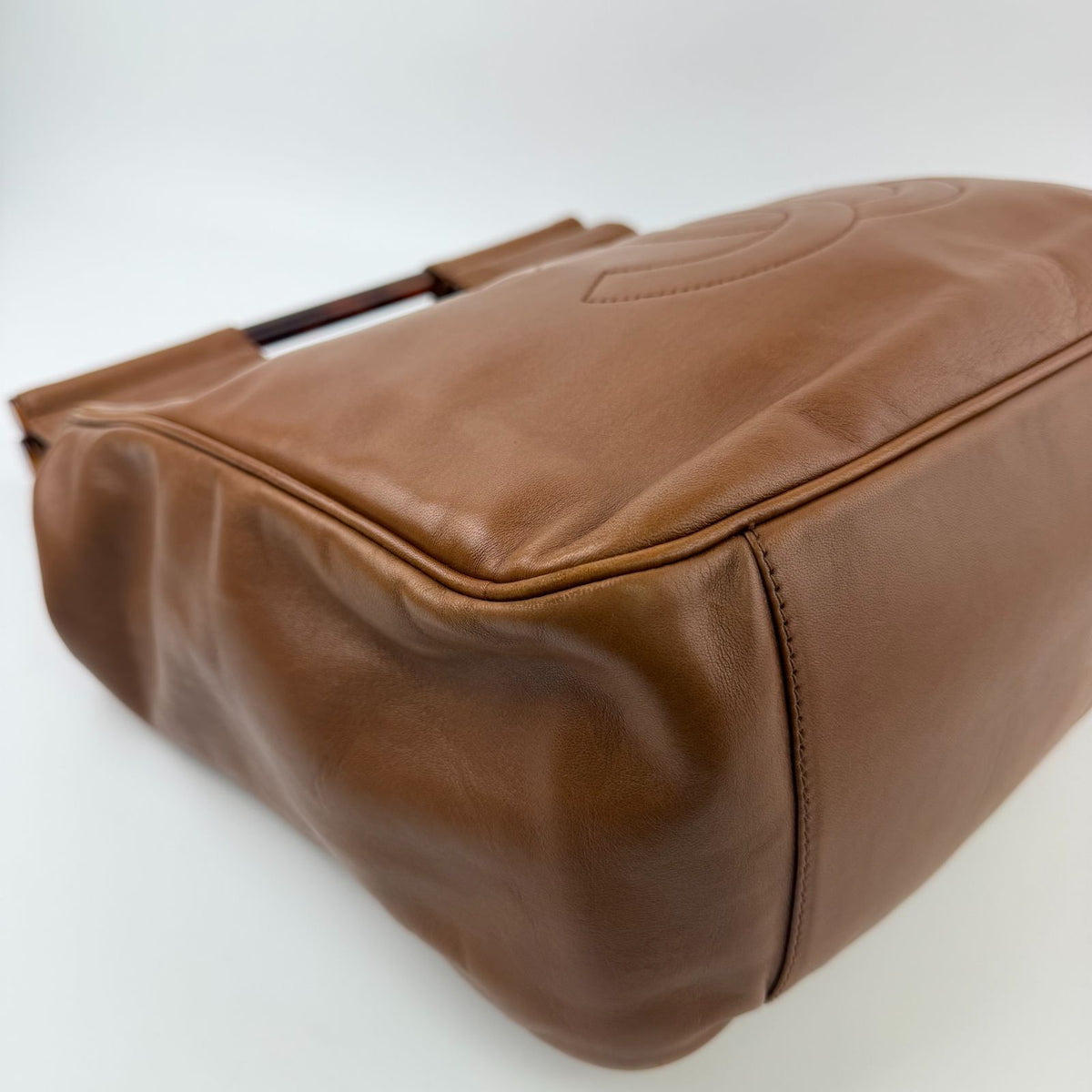 Chanel CC Logo Cutout Handle Handbag Leather Brown Seal Vintage — view 8