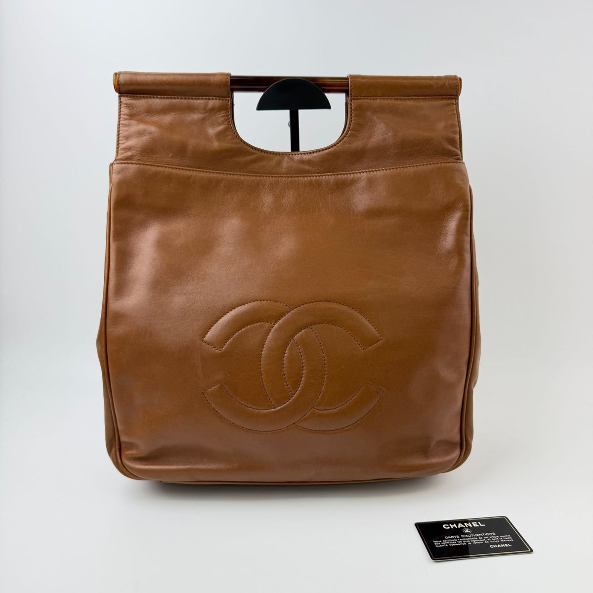 Chanel CC Logo Cutout Handle Handbag Leather Brown Seal Vintage — view 2