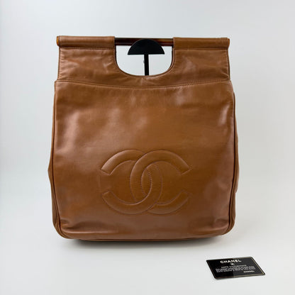 Chanel CC Logo Cutout Handle Handbag Leather Brown Seal Vintage — view 2