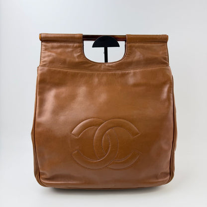 Chanel CC Logo Cutout Handle Handbag Leather Brown Seal Vintage — view 3