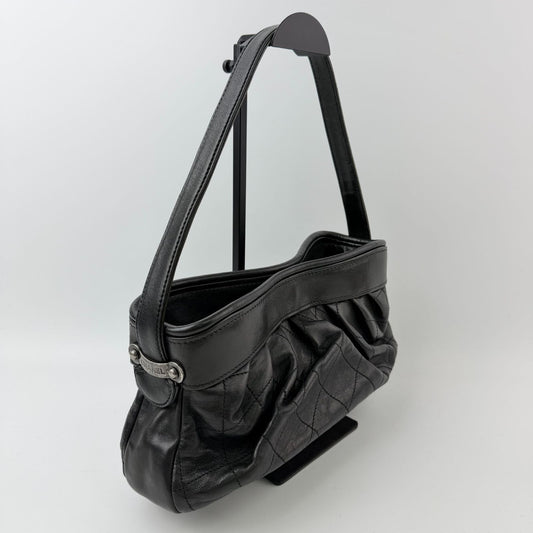 Chanel Quilted Gather Logo Plate Shoulder Bag Leather Black Silver Seal Vintage