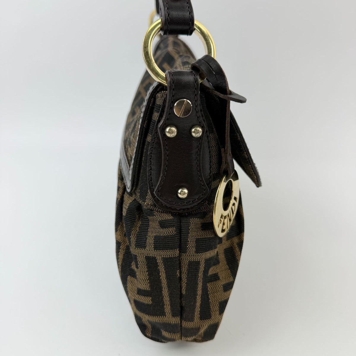 Fendi Zucca Chef Flap Shoulder Bag Canvas Brown Dark Gold Vintage — view 5